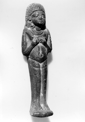 Unconventional shabti, pregnant naked African woman with implements